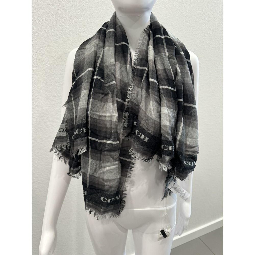 New Coach $195  Wool Blend Signature Scarf Shawl Black Gray